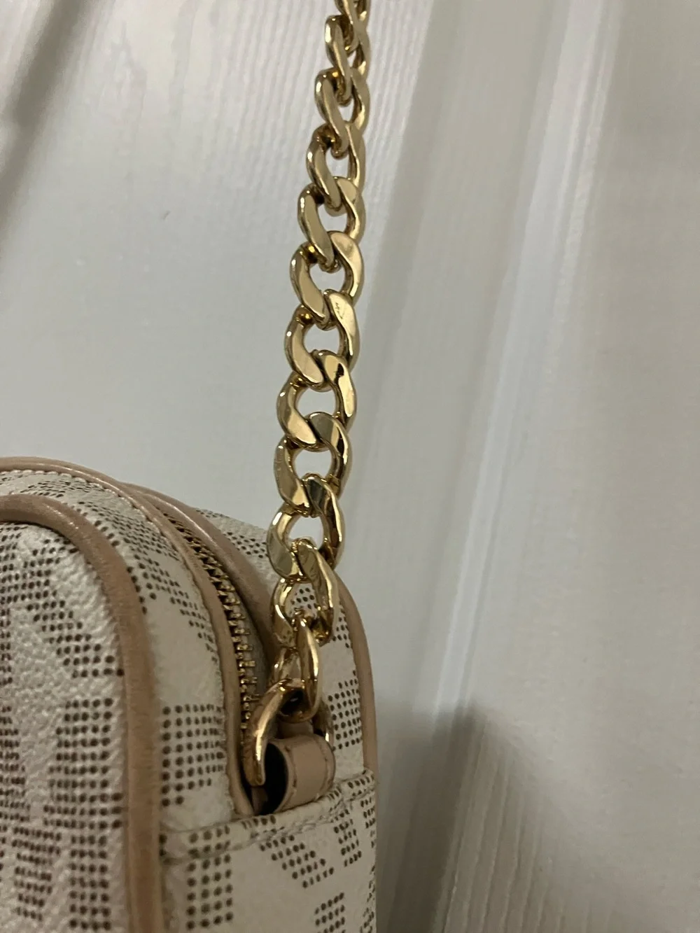Michael Kors Beige Logo MK Signature Crossbody with Gold Chain